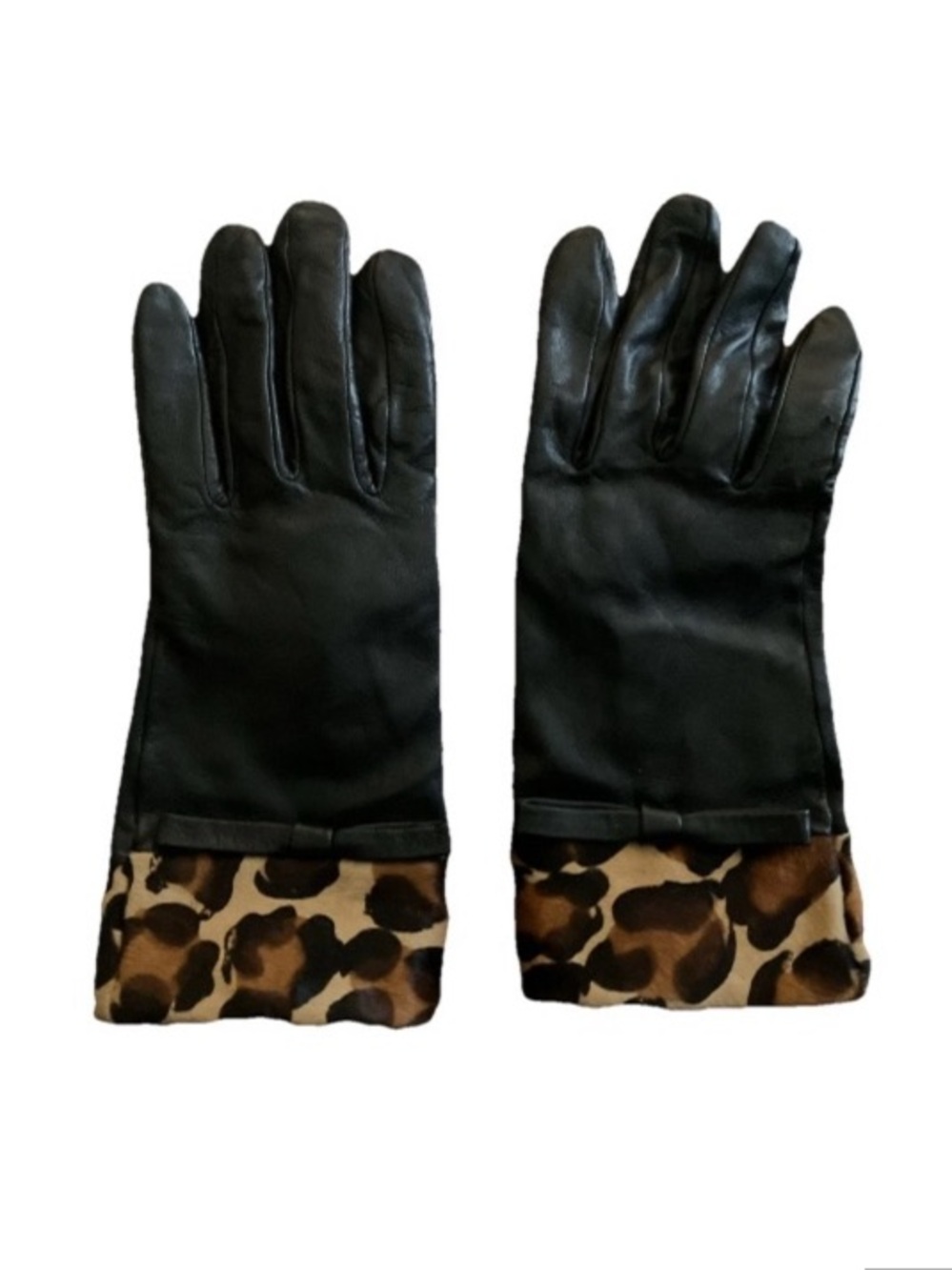 Black Leather Leopard Cuffed Gloves Warmly Lined Women's Fall Winter Medium